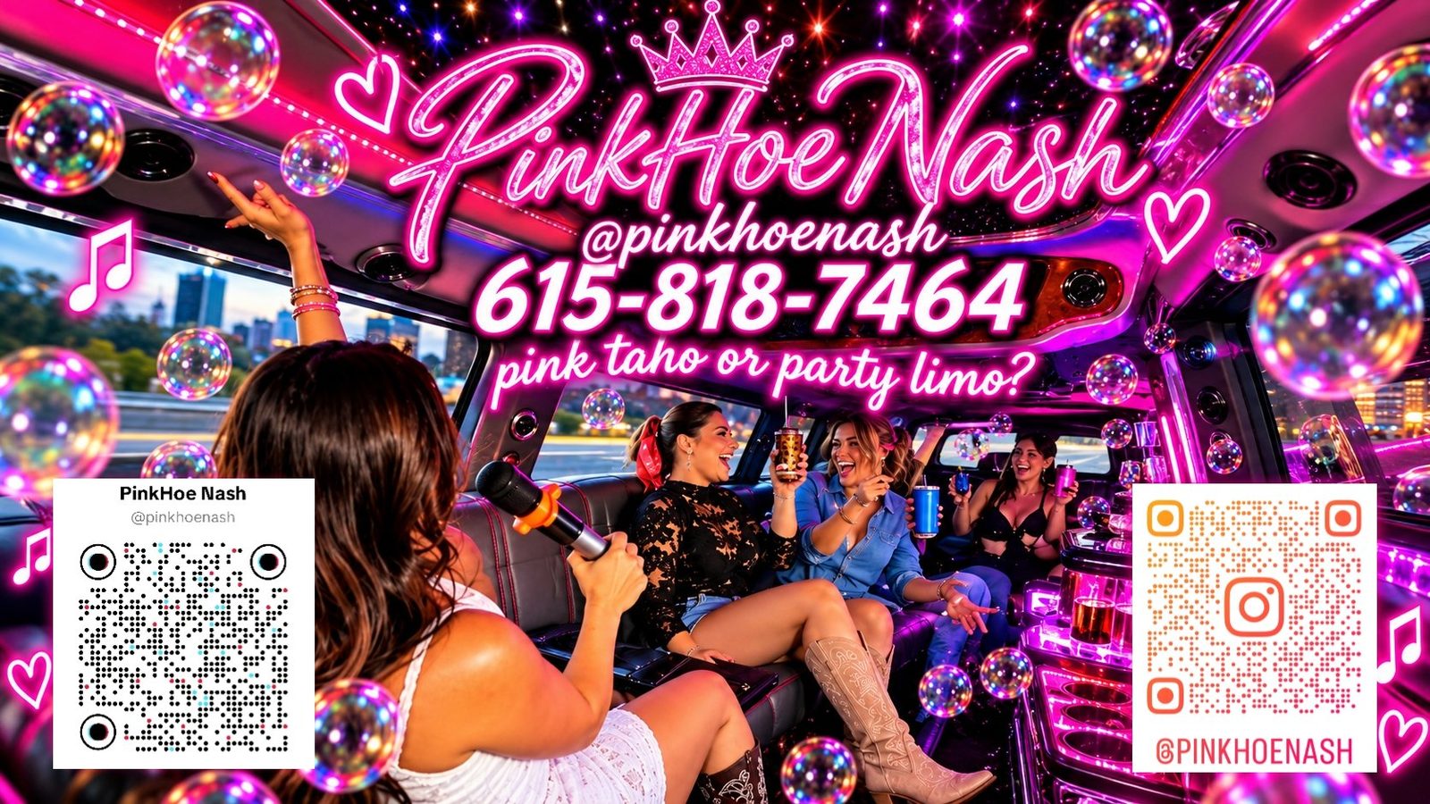 Inside the Nashville karaoke limo — bachelorette riders singing karaoke with microphones under pink party lights