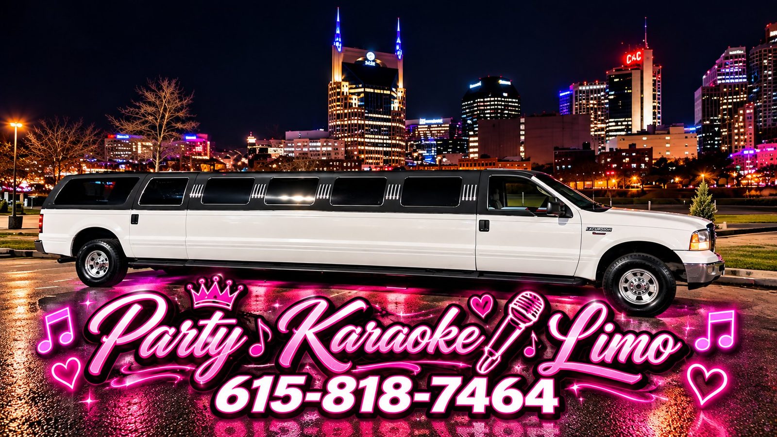 White stretch party karaoke limo parked in front of the downtown Nashville skyline at night